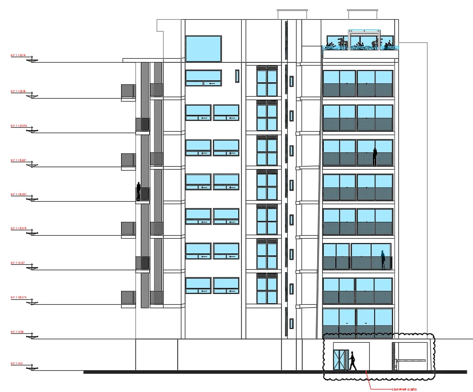 Residential Building Front Elevation DWG with Balcony Facade Design