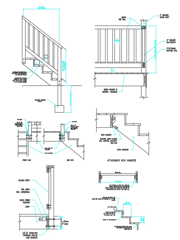Wood Stair Guard Railing Detail AutoCAD DWG with 4x4 Post Design