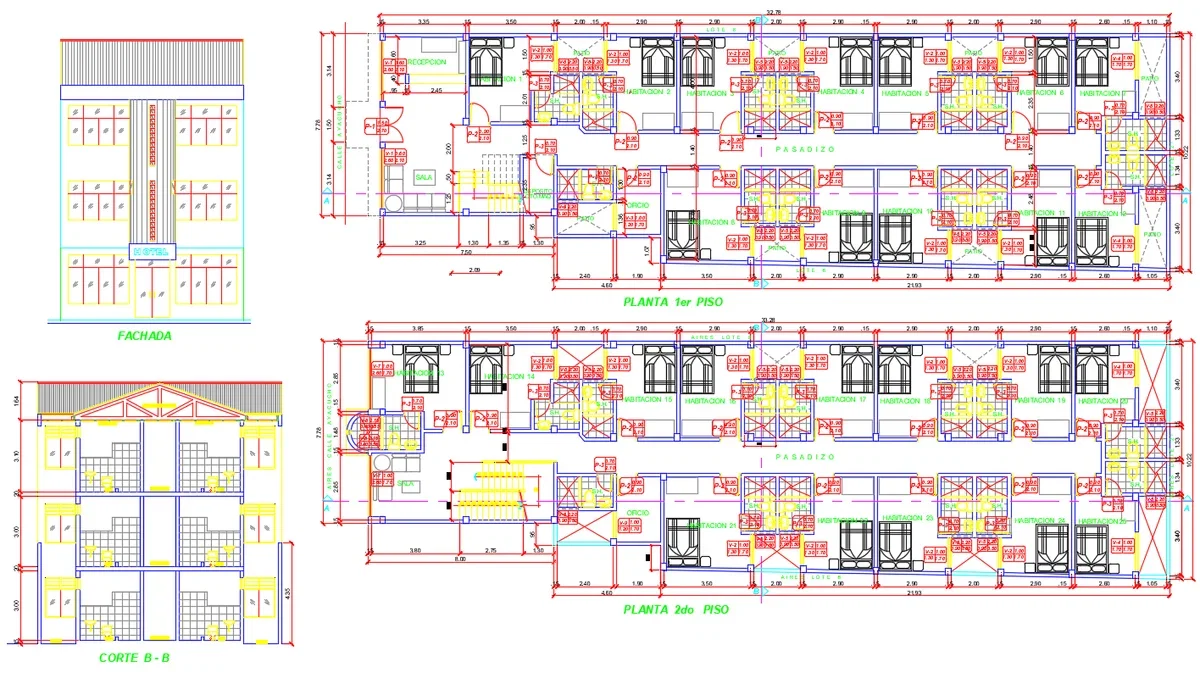 Three Story Hotel Building Floor Plan CAD Drawing With Elevation DWG