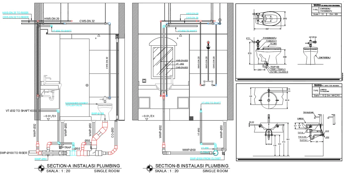 Toilet And Wash Basin Plumbing Installation Drawing With Dimensions MM