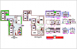 Collage design view with plan and elevation and section view dwg file