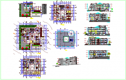 Different axis section view and floor plan and elevation view of government library with door and window detail dwg file