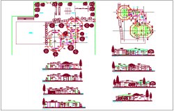 Different axis sectional view with plan of education center dwg file
