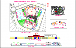 Educational institute design view with plan,elevation and section view dwg file 
