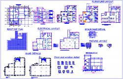 Flat plan design view with furniture,electrical,slab and fixture layout plan dwg file