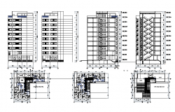 Floor plan and Exterior elevation of a building with 9 floors dwg fie