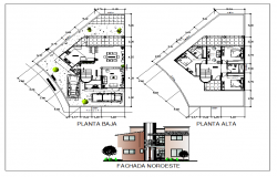 Floor plan and exterior elevation of a bungalow dwg file