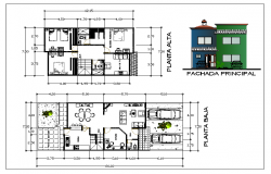 Floor plan and exterior elevation of a bungalow dwg file