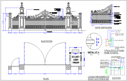 Gate design view with elevation and plan view with detailing dwg file
