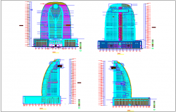 High rise building elevation design view with side view dwg file 