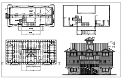 Interior floor plan and exterior elevation of a house dwg file 