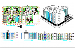 Isometric view of resident flat design with plan,elevation and section view dwg file