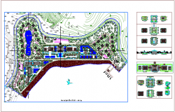 Landscape view plan of resort and hotel with view of section and construction detail dwg file