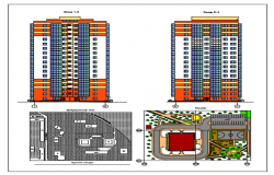 Layout plan and exterior elevation of a residential building dwg file