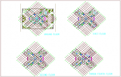 Main building design view with ground floor to third floor view dwg file
