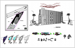 Master plan,elevation and sectional view with perspective view of education center dwg file