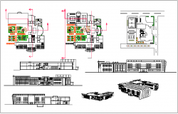 Perspective and isometric view with plan and elevation of school design dwg file 