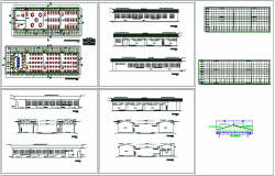 Plan and elevation view with roof view of education center dwg file