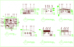 Residential area floor plan,front elevation and sectional view dwg file