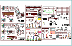 School plan and sectional elevation view with court and construction view dwg file