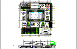 Sport center landscape view with elevation with court and garden view dwg file
