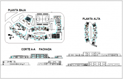 Top floor and low level plan and section view of primary school dwg file