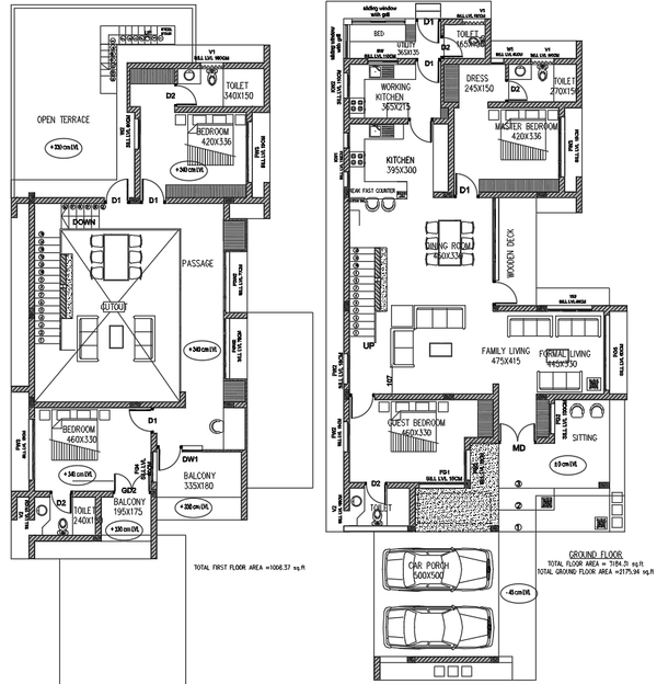 Residential House Plan Drawing with Area Dimensions and Room Layout