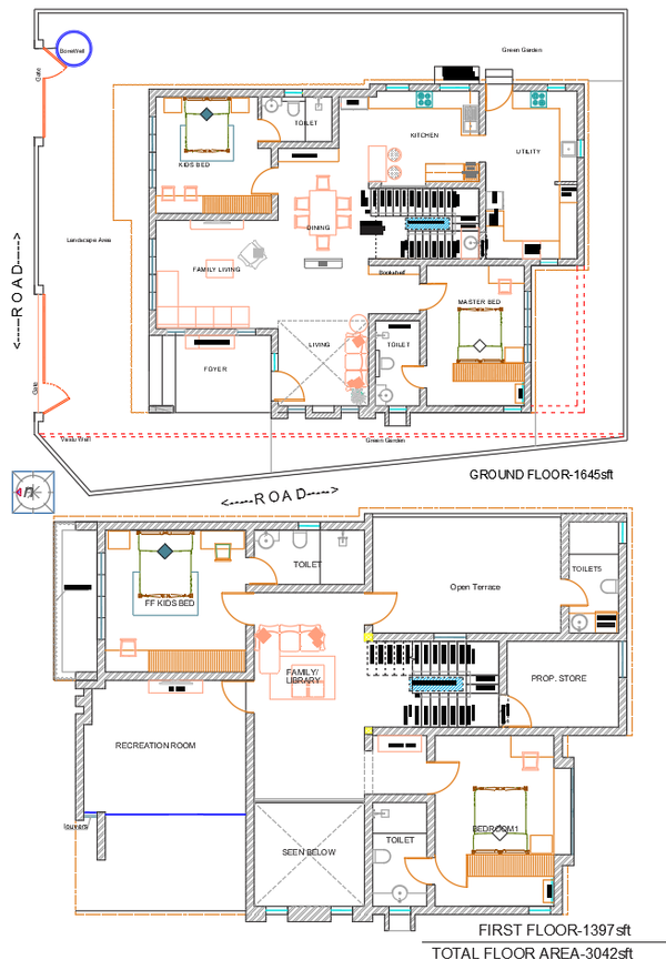 3042 Sq Ft Residential House Plan Drawing with Open Terrace Layout