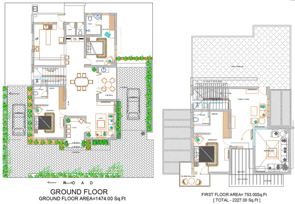 2227 Sq Ft Two Storey House Plan Drawing with Balcony and Terrace