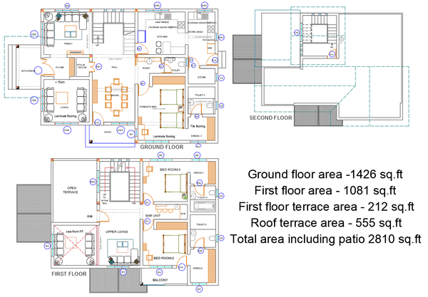 2810 Sq Ft Two Storey House Plan Drawing with Terrace and Pooja