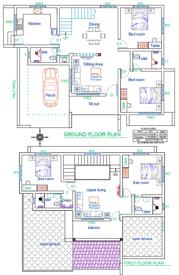 2417 Sq Ft Two Storey House Plan Drawing with Balcony Terrace