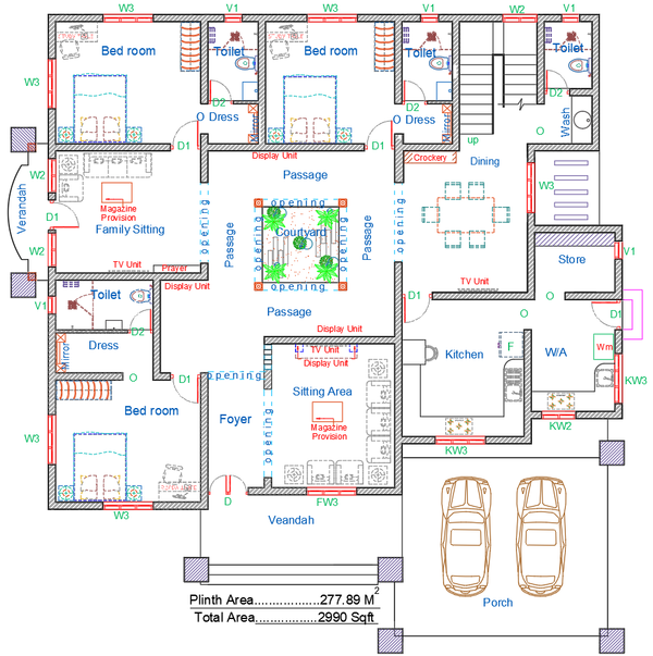 2990 Sq Ft House Plan Drawing with Courtyard Pooja and Porch