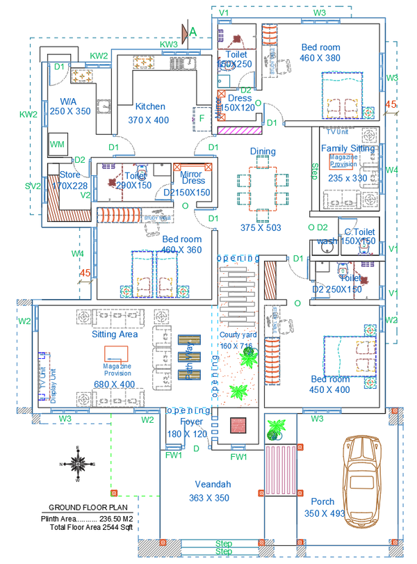 2544 Sq Ft House Plan Drawing with Courtyard Kitchen and Bedrooms