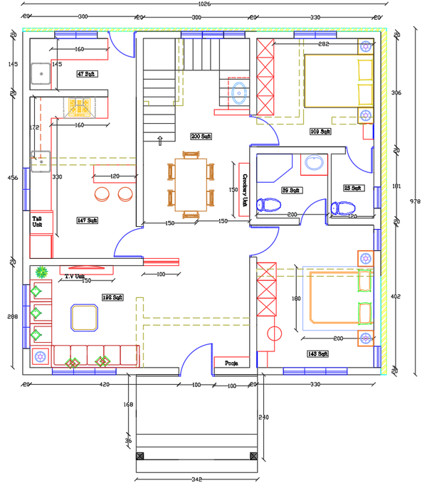 Compact Modern House AutoCAD Plans With Two Bedrooms Layouts