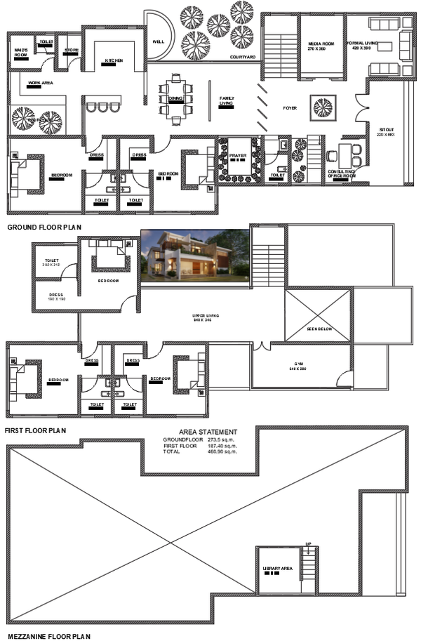 Luxury Modern Villa AutoCAD DWG Plan with Gym, Library, and Courtyard
