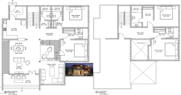 Contemporary Family House CAD Plan with Living and Courtyard Design