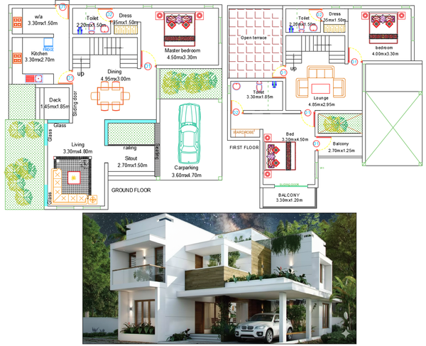 AutoCAD Modern Compact House Floor Plan with Lounge and Balcony