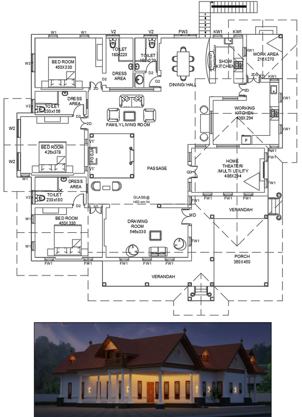 AutoCAD Bungalow House Floor Plan with Bedrooms and Home Theater