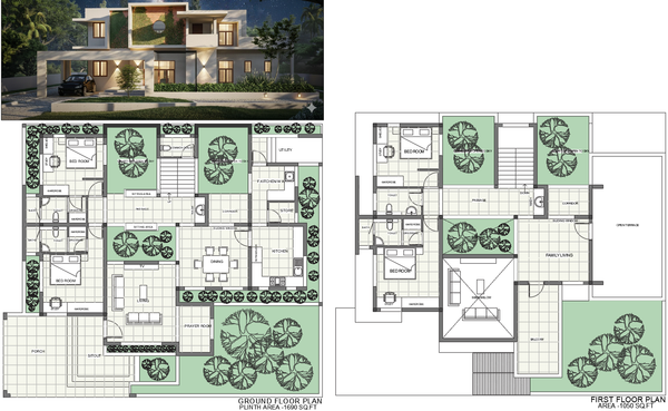 Luxury 2740 Sqft Duplex House Design With Courtyard and Study Room