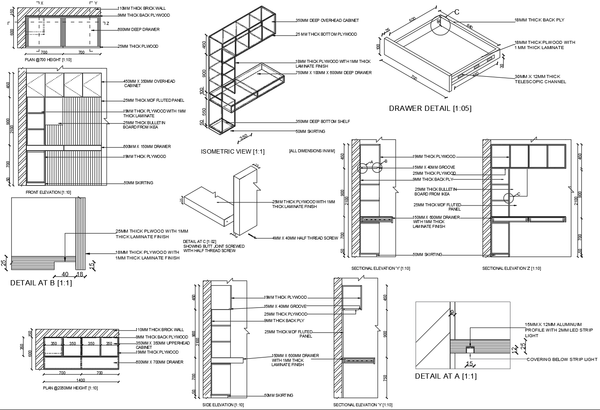 Wooden Cabinet Interior Detail Drawing With LED And Drawer Sizes