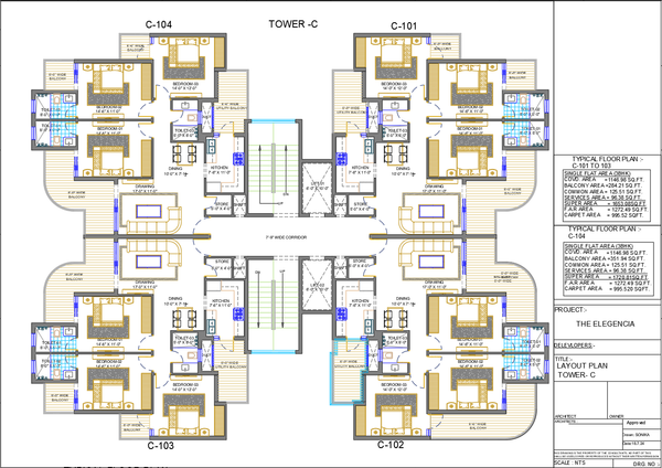 3BHK Apartment Layout Plans Tower C With Balconies And Areas