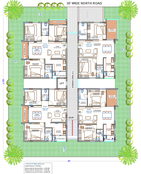 3BHK and 2BHK Apartment Layout With Balconies and Wash Areas DWG