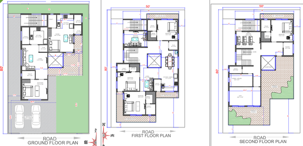 50x80 House Ground First Second Floor Plan With Courtyard Layout