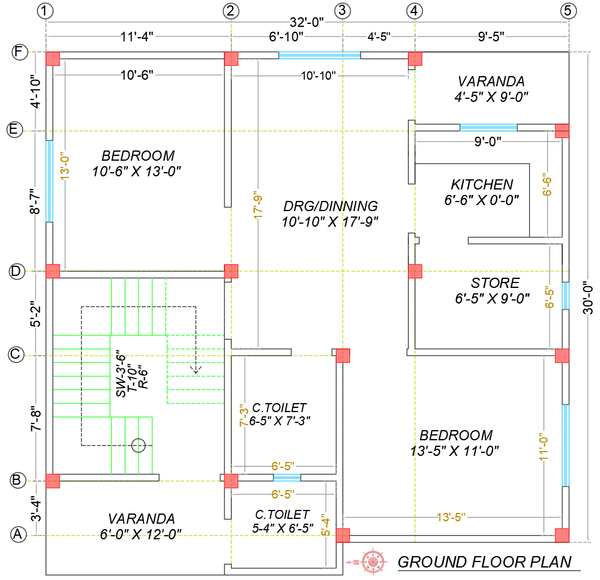 Ground Floor House Plan with 2 Bedrooms Kitchen Store Verandah