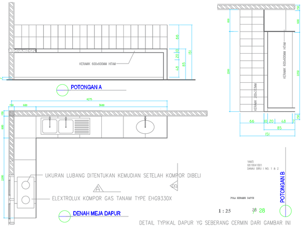 Ceramic Kitchen Counter Layout Drawing with Standard 85cm Height
