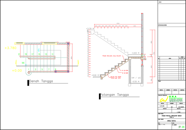 Detailed Residential Staircase Plan and Section Drawing with 21 Steps