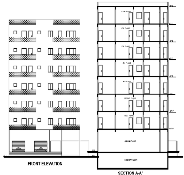 Apartment Building Cad Drawing with Commercial Hall and Floor Plans