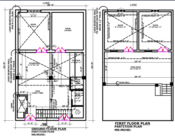 AutoCAD House Plan Showing Courtyard Verandah and Room Dimensions