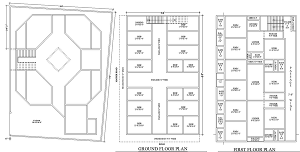 Commercial Building AutoCAD Plan with Multiple Shops and Rooms Layout