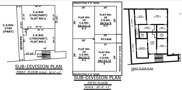 Fifth Floor AutoCAD Subdivision Plan with Flat Layouts 20ft Scale